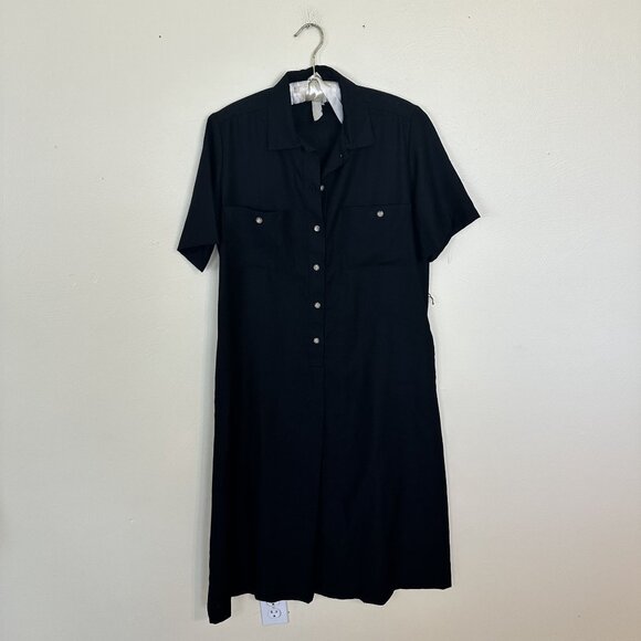 Vintage Orvis Womens Black Maxi Dress Size 12 Large Short Sleeve Button Up Rayon - Picture 2 of 11